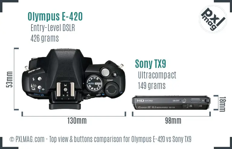 Olympus E-420 vs Sony TX9 top view buttons comparison Olympus E-420 vs Sony TX9 top view buttons comparison