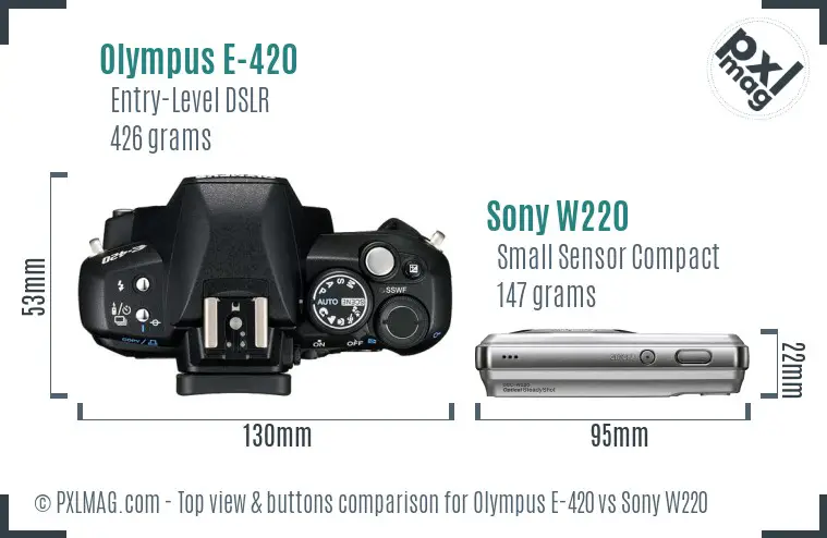 Olympus E-420 vs Sony W220 top view buttons comparison