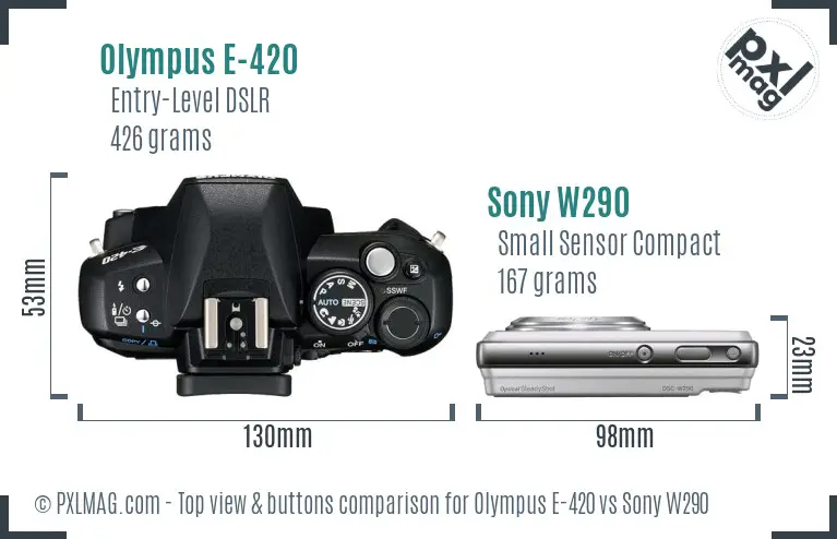 Olympus E-420 vs Sony W290 top view buttons comparison Olympus E-420 vs Sony W290 top view buttons comparison