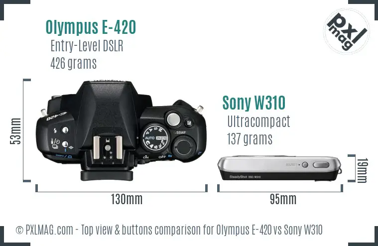 Olympus E-420 vs Sony W310 top view buttons comparison