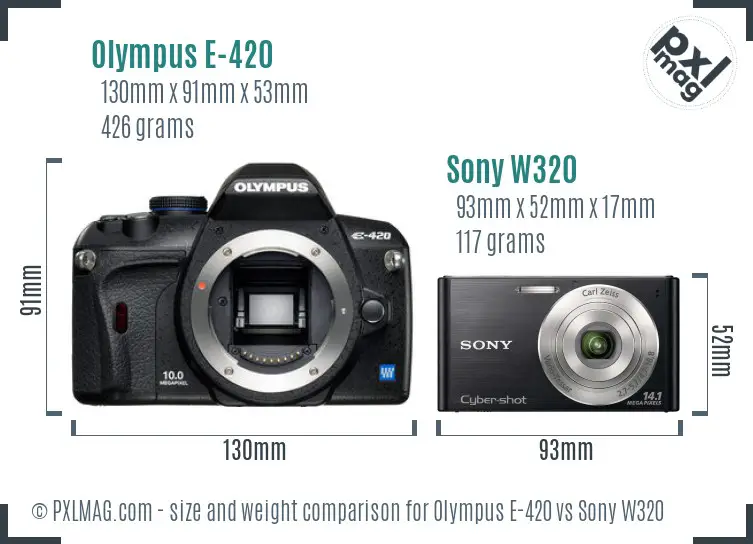 Olympus E-420 vs Sony W320 size comparison