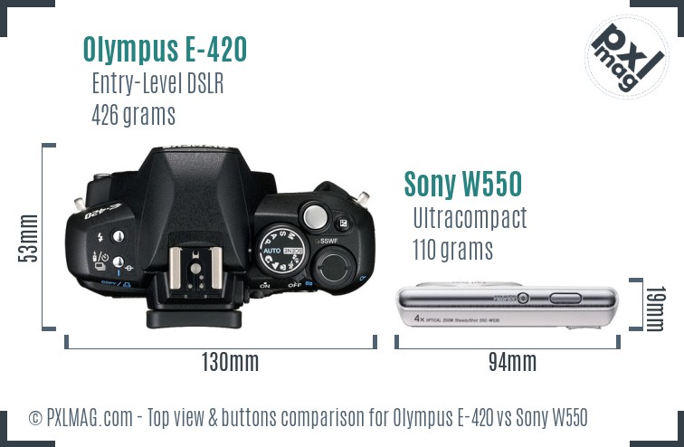 Olympus E-420 vs Sony W550 top view buttons comparison