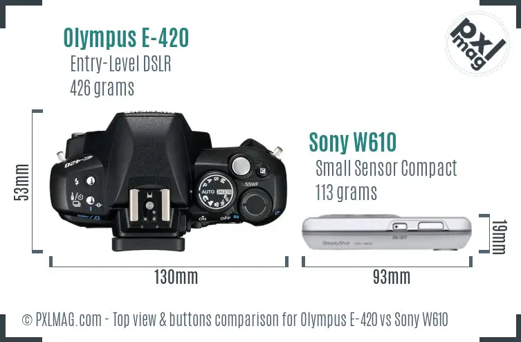 Olympus E-420 vs Sony W610 top view buttons comparison