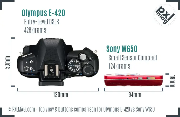 Olympus E-420 vs Sony W650 top view buttons comparison