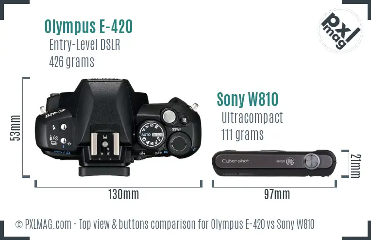 Olympus E-420 vs Sony W810 top view buttons comparison
