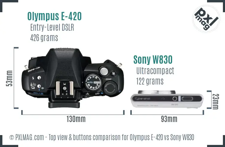 Olympus E-420 vs Sony W830 top view buttons comparison