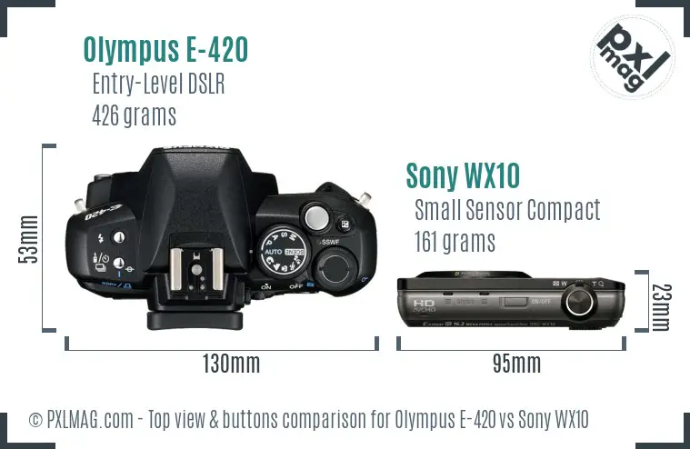 Olympus E-420 vs Sony WX10 top view buttons comparison