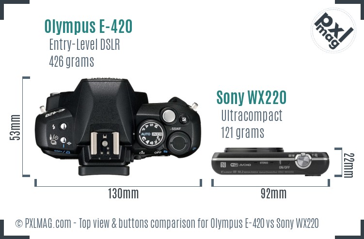 Olympus E-420 vs Sony WX220 top view buttons comparison