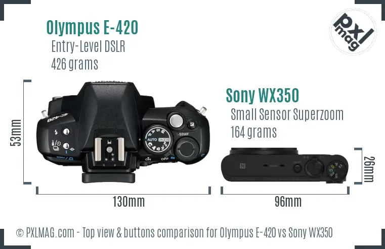 Olympus E-420 vs Sony WX350 top view buttons comparison