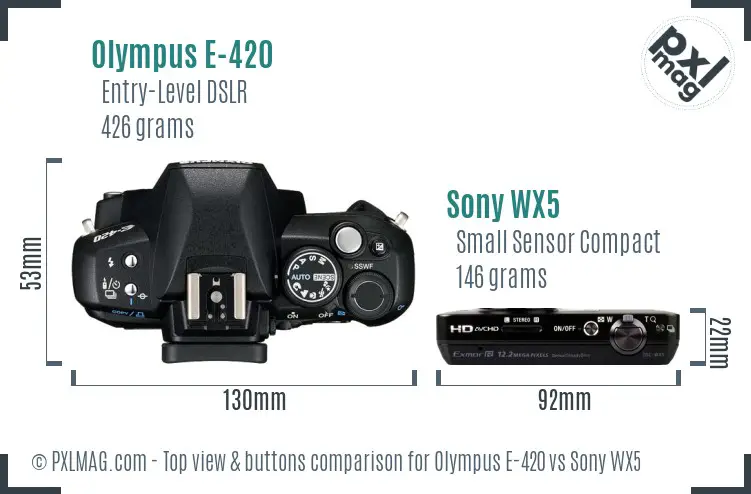 Olympus E-420 vs Sony WX5 top view buttons comparison