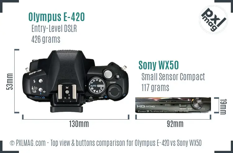 Olympus E-420 vs Sony WX50 top view buttons comparison