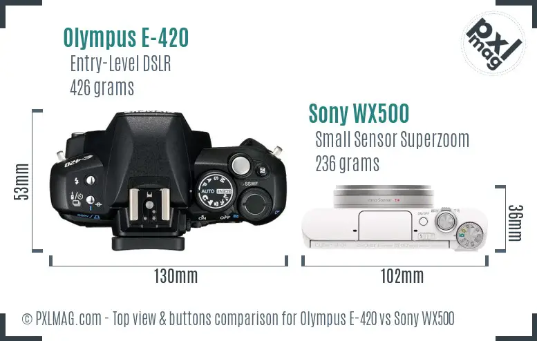 Olympus E-420 vs Sony WX500 top view buttons comparison