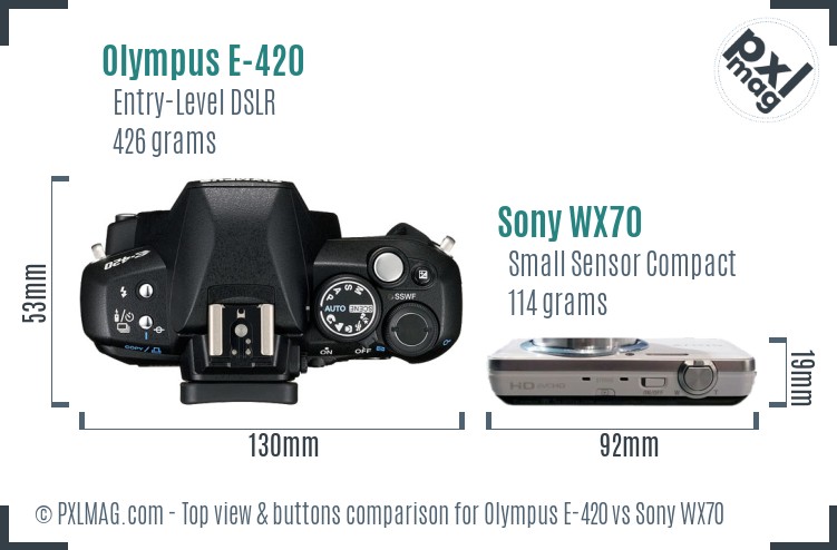 Olympus E-420 vs Sony WX70 top view buttons comparison