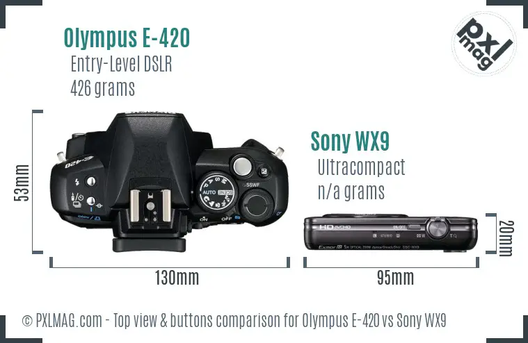 Olympus E-420 vs Sony WX9 top view buttons comparison
