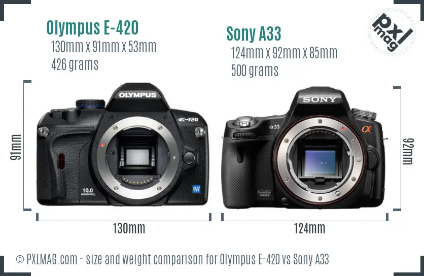 Olympus E-420 vs Sony A33 size comparison