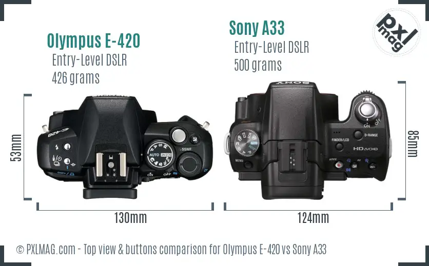 Olympus E-420 vs Sony A33 top view buttons comparison