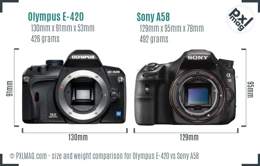 Olympus E-420 vs Sony A58 size comparison