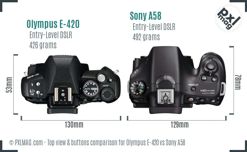 Olympus E-420 vs Sony A58 top view buttons comparison