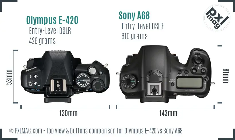 Olympus E-420 vs Sony A68 top view buttons comparison