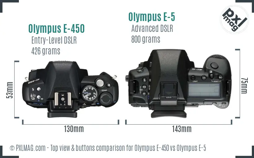 Olympus E-450 vs Olympus E-5 top view buttons comparison