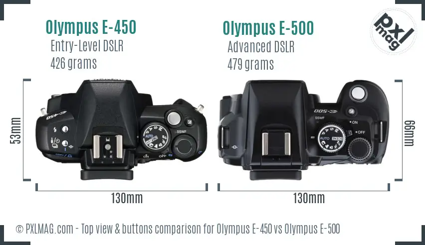 Olympus E-450 vs Olympus E-500 top view buttons comparison