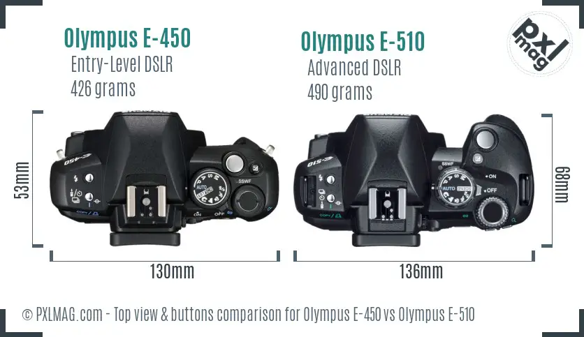 Olympus E-450 vs Olympus E-510 top view buttons comparison