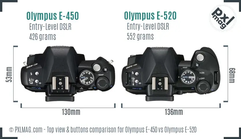 Olympus E-450 vs Olympus E-520 top view buttons comparison