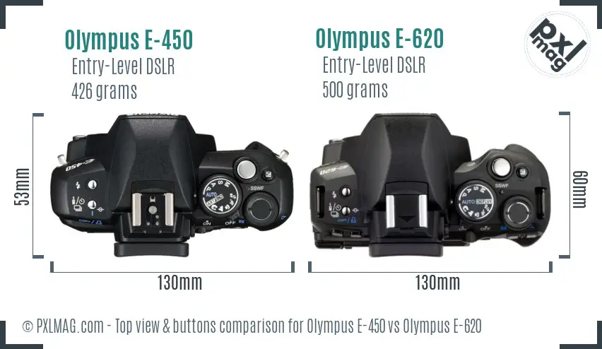 Olympus E-450 vs Olympus E-620 top view buttons comparison