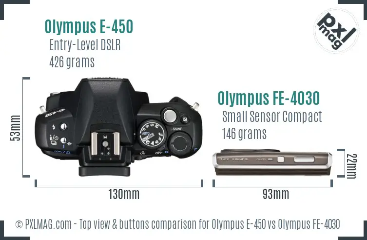 Olympus E-450 vs Olympus FE-4030 top view buttons comparison