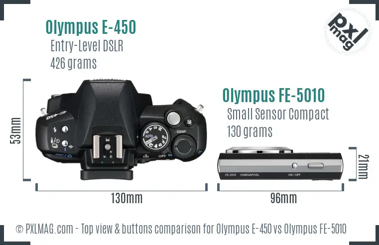 Olympus E-450 vs Olympus FE-5010 top view buttons comparison