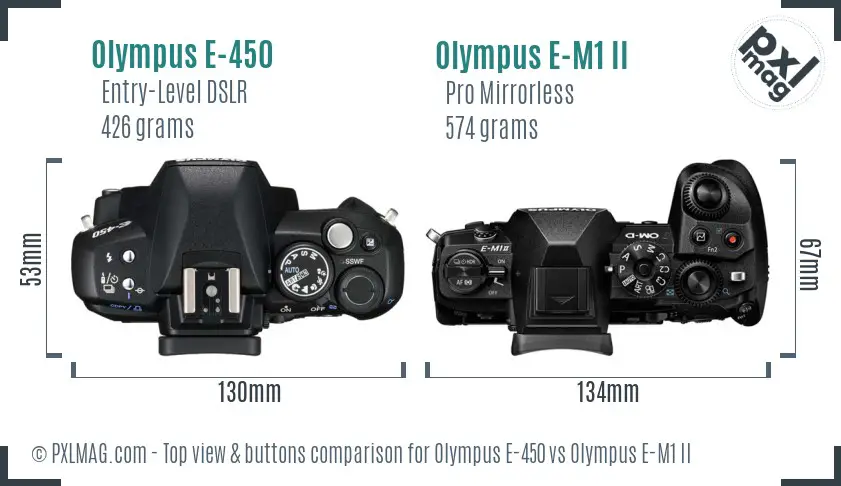 Olympus E-450 vs Olympus E-M1 II top view buttons comparison