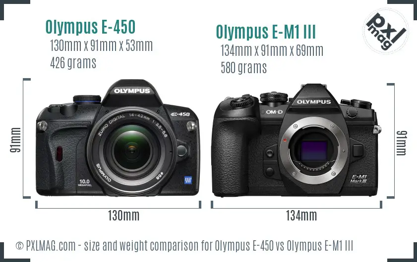 Olympus E-450 vs Olympus E-M1 III size comparison
