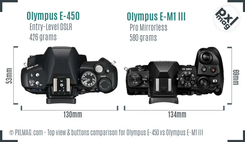 Olympus E-450 vs Olympus E-M1 III top view buttons comparison