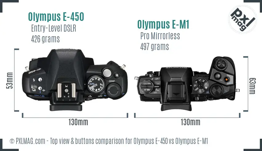 Olympus E-450 vs Olympus E-M1 top view buttons comparison