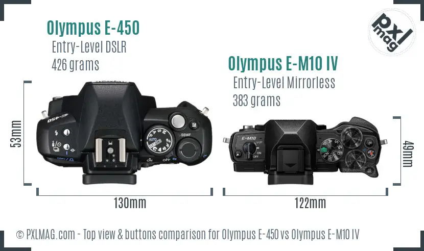 Olympus E-450 vs Olympus E-M10 IV top view buttons comparison