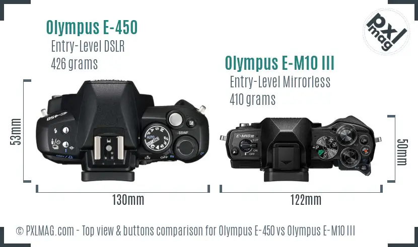 Olympus E-450 vs Olympus E-M10 III top view buttons comparison