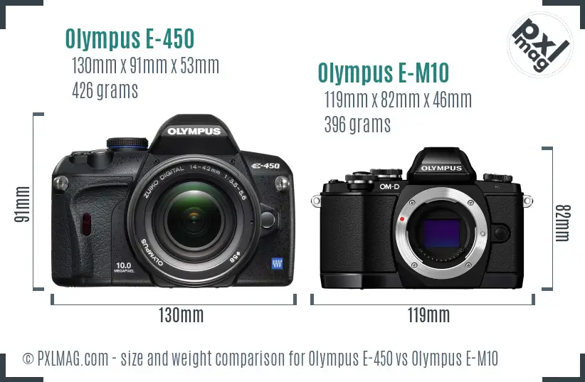 Olympus E-450 vs Olympus E-M10 size comparison