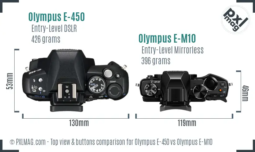 Olympus E-450 vs Olympus E-M10 top view buttons comparison