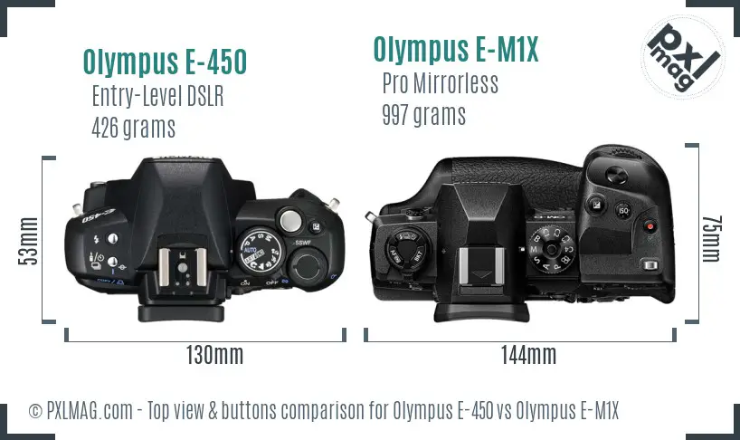 Olympus E-450 vs Olympus E-M1X top view buttons comparison