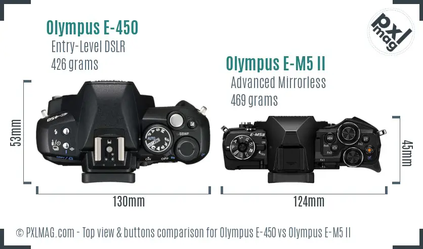 Olympus E-450 vs Olympus E-M5 II top view buttons comparison