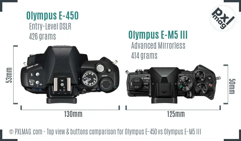 Olympus E-450 vs Olympus E-M5 III top view buttons comparison