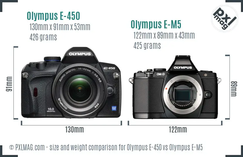 Olympus E-450 vs Olympus E-M5 size comparison