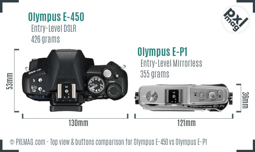 Olympus E-450 vs Olympus E-P1 top view buttons comparison