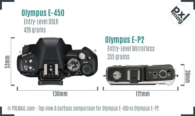 Olympus E-450 vs Olympus E-P2 top view buttons comparison