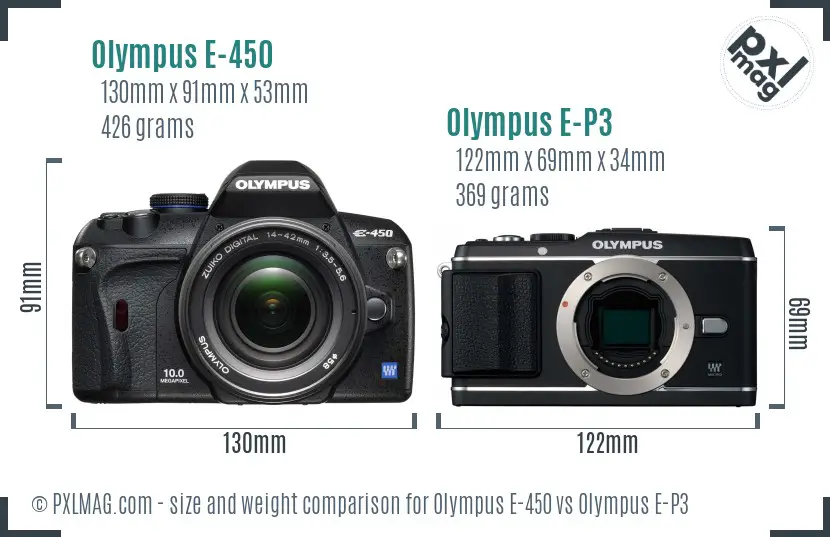 Olympus E-450 vs Olympus E-P3 size comparison