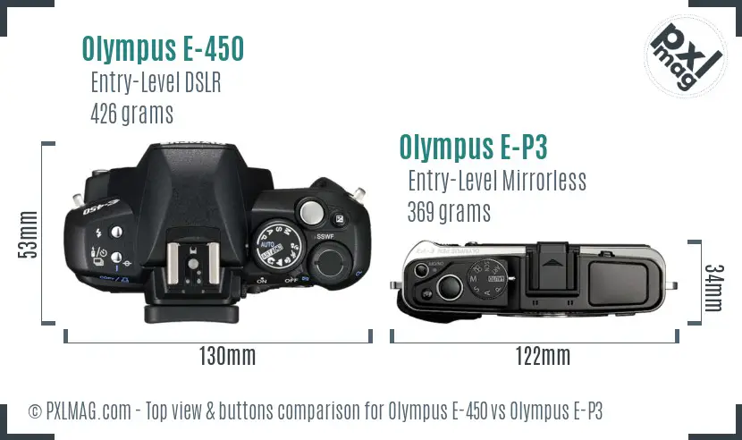 Olympus E-450 vs Olympus E-P3 top view buttons comparison