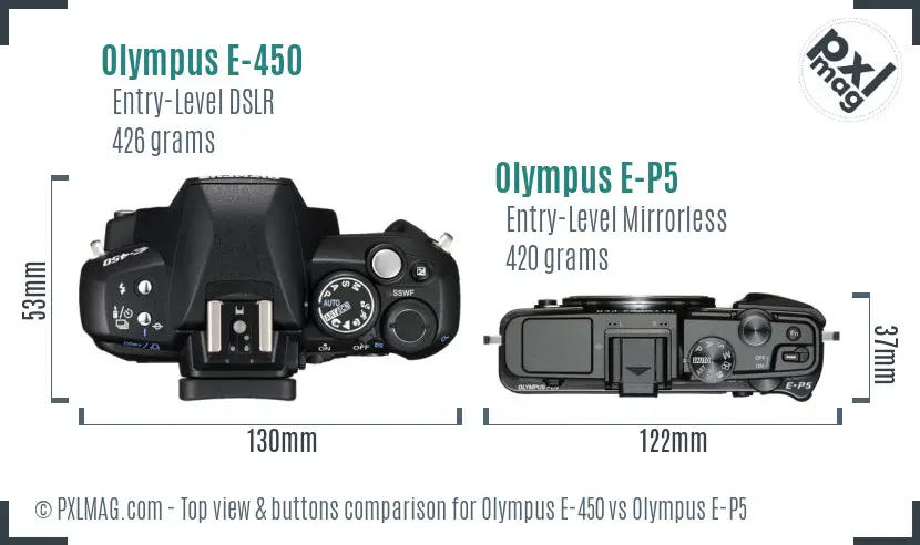 Olympus E-450 vs Olympus E-P5 top view buttons comparison