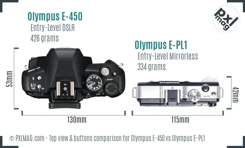 Olympus E-450 vs Olympus E-PL1 top view buttons comparison