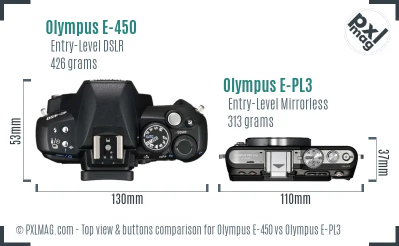 Olympus E-450 vs Olympus E-PL3 top view buttons comparison