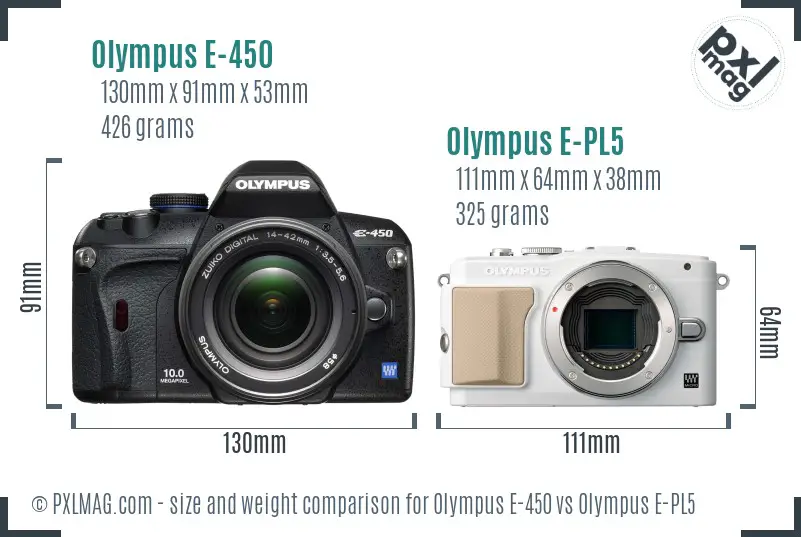 Olympus E-450 vs Olympus E-PL5 size comparison